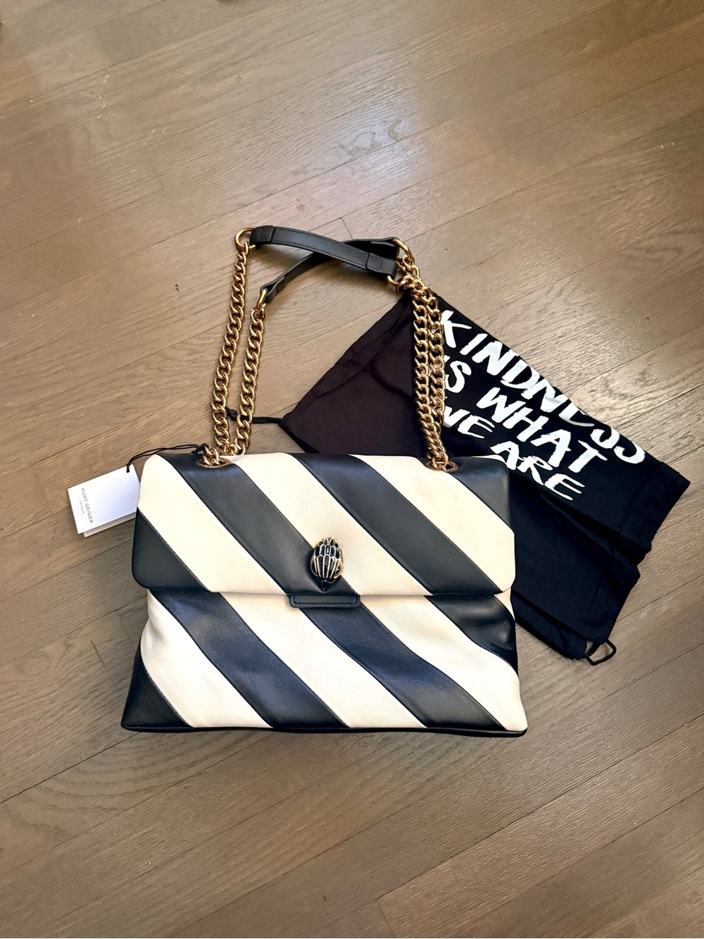 NEW Kurt Geiger black white striped large Kensington shoulder bag
